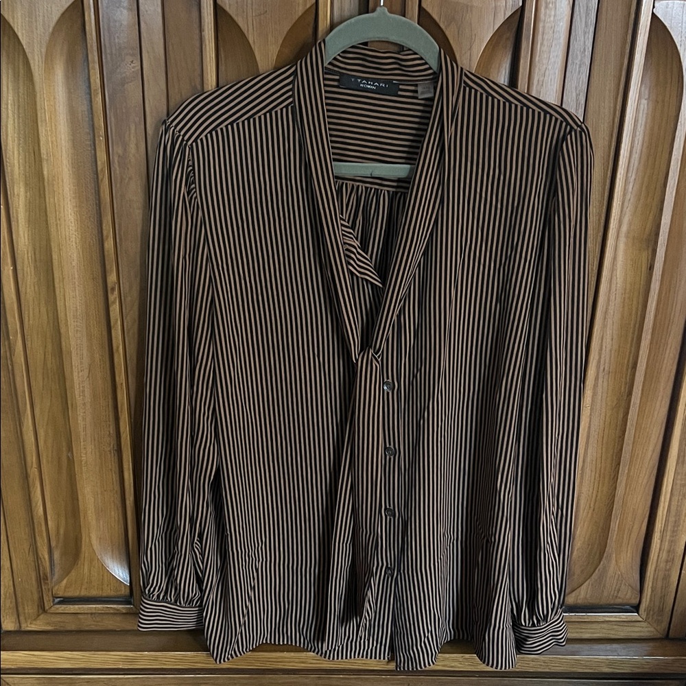 T Tahari Women's Black Caramel Brown Striped Blouse Tie Neck